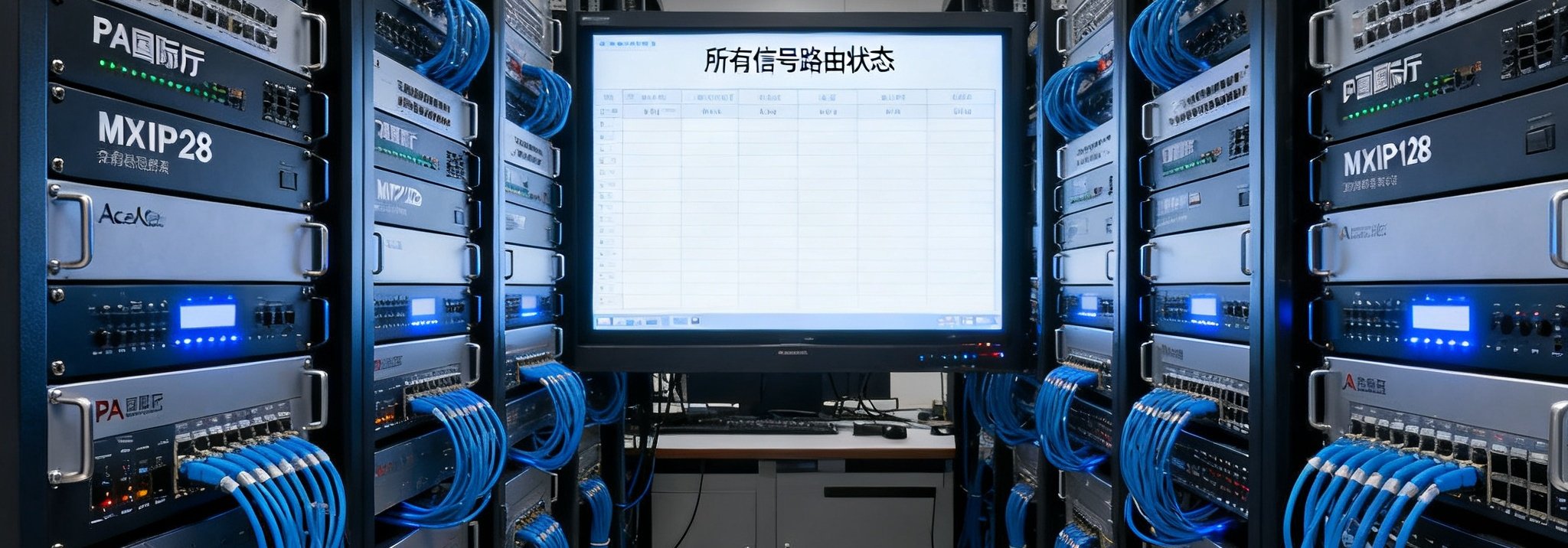 PA国际厅PlayAce分布式视讯矩阵MX-IP128在北京某大型广电总控中心内的机柜部署场景，多排设备整齐排列，光纤互联，监控大屏显示所有信号路由状态。