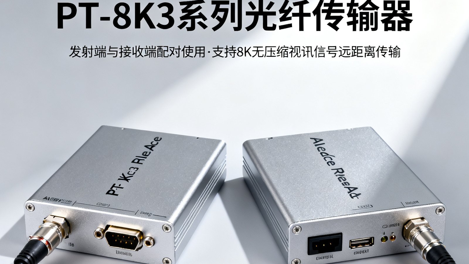 PA国际厅PlayAce光纤传输器PT-8K3系列产品图，展示发射端和接收端配对使用，支持8K无压缩视讯信号通过单模光纤远距离传输。