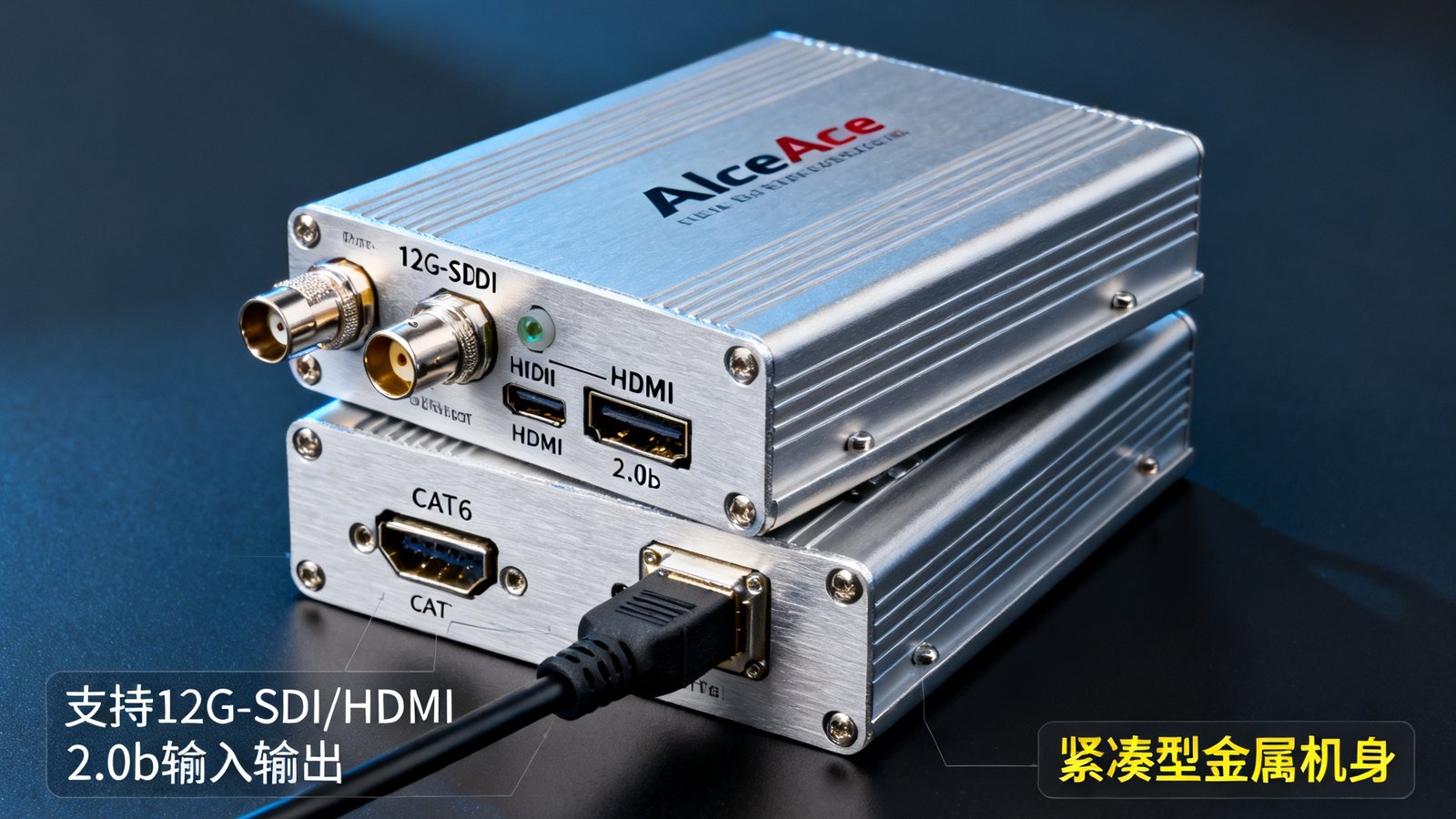 PA国际厅PlayAce SDI/HDMI信号延长器EX-4K系列，紧凑型金属机身，支持12G-SDI和HDMI 2.0b输入输出，通过CAT6网线延长4K信号。