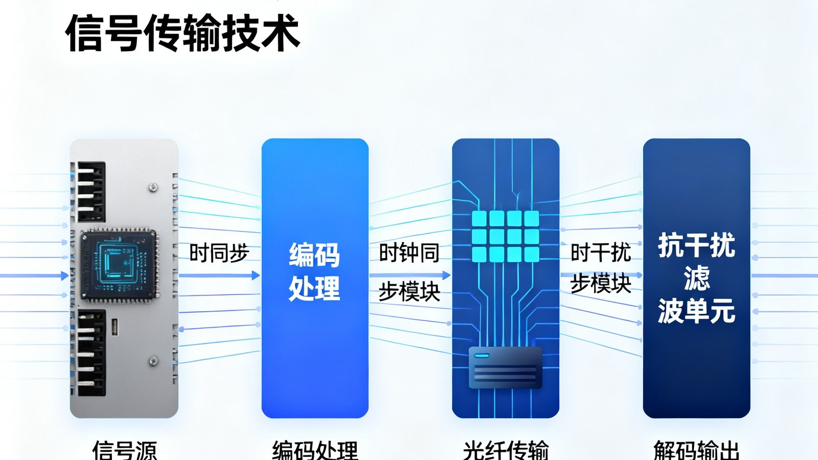 PA国际厅PlayAce 8K视讯信号传输技术架构示意图，展示从信号源、编码处理、光纤传输到解码输出的完整链路，标注了时钟同步模块和抗干扰滤波单元。